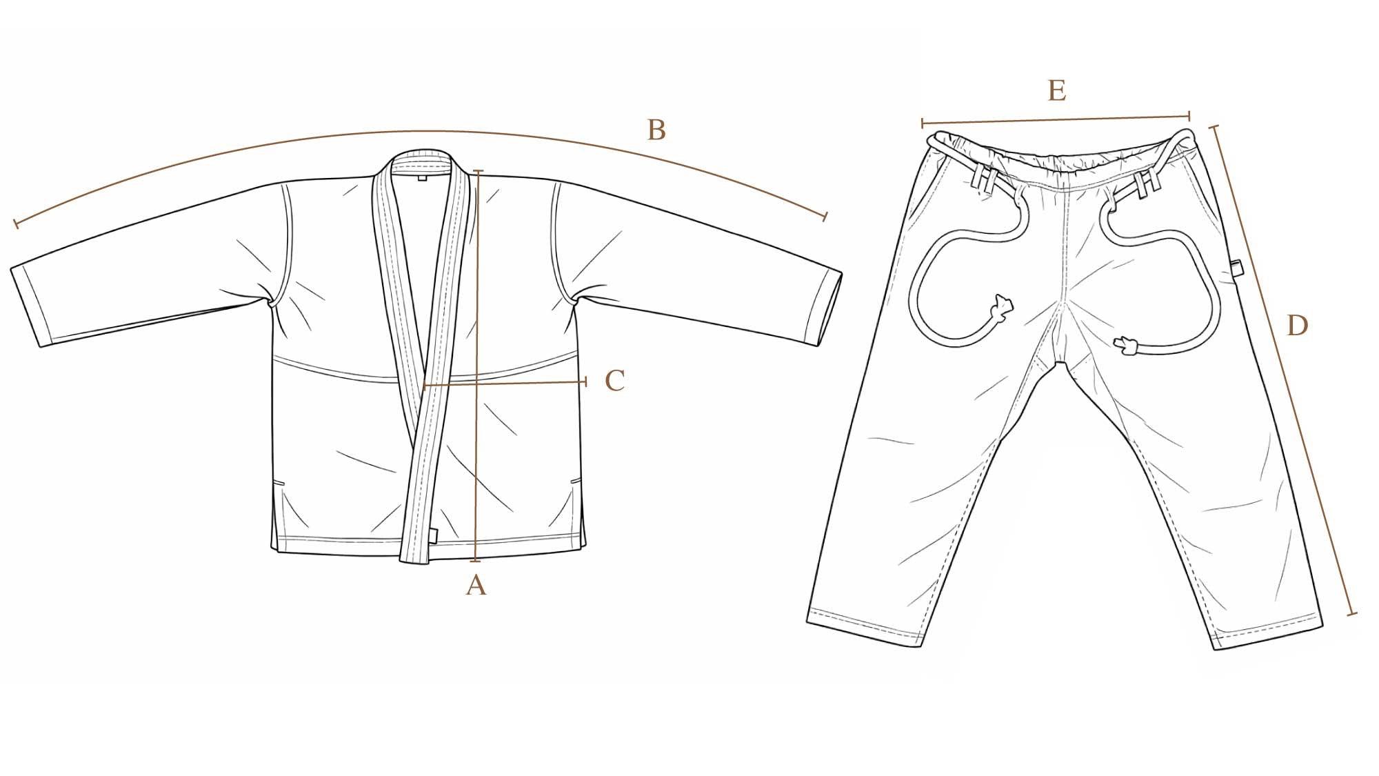 Line drawing of a martial arts gi with labeled parts on a white background